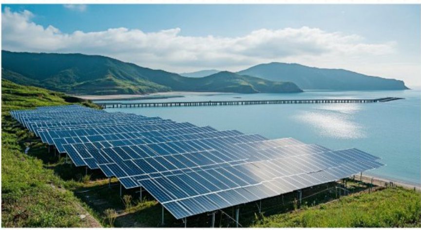 Ground-mounted solar farm beside a reservoir and mountains